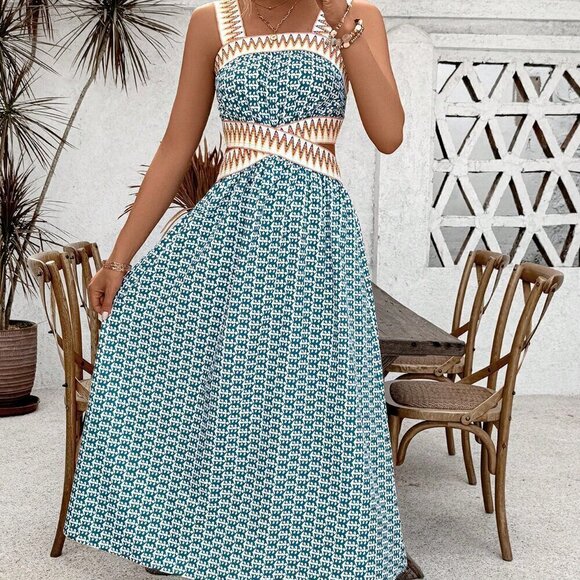 Blue Casual Women's Printed Patchwork Woven Belt Sleeveless Hollow Out Dress - Picture 5 of 6